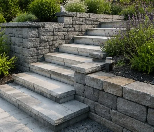 Steintreppe mit Gartenmauer